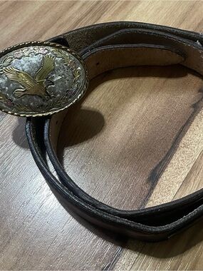 VTG 1985 C&J Tri-Tone Eagle Belt Buckle CJ1810 Genuine Braided Leather Belt 36